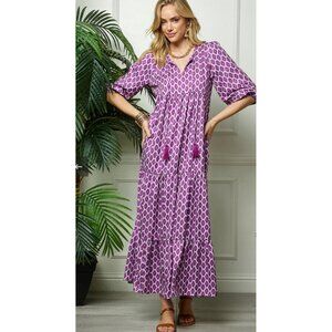 Cezele Star Diamond Print Three Quarter Puff Sleeve Maxi Dress Size Small